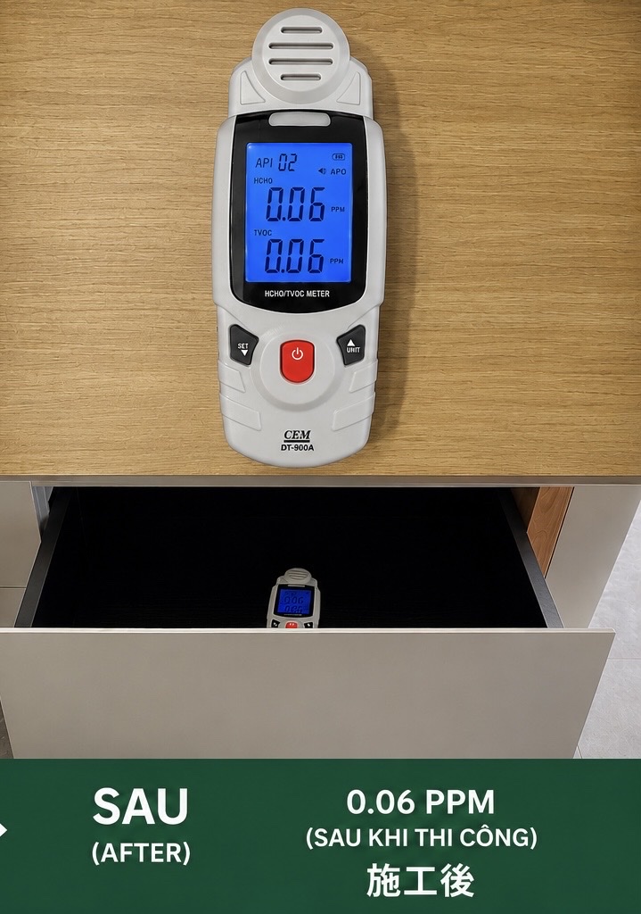 Đo Formaldehyde sau khi thi công: 0,06 ppm